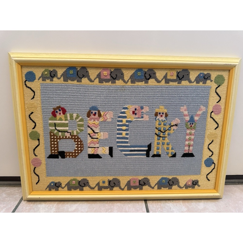 Vintage Framed Cross Stitch Becky Clown Art Handmade Needlepoint Decor 21x15